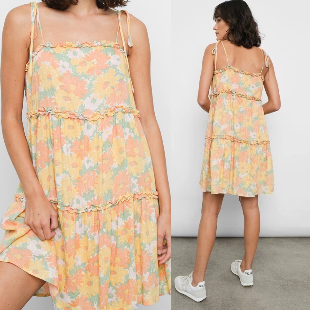 Rails Caralyn Daisy Meadow Floral Babydoll Mini Dress, XL Yellow Tiered Linen XL